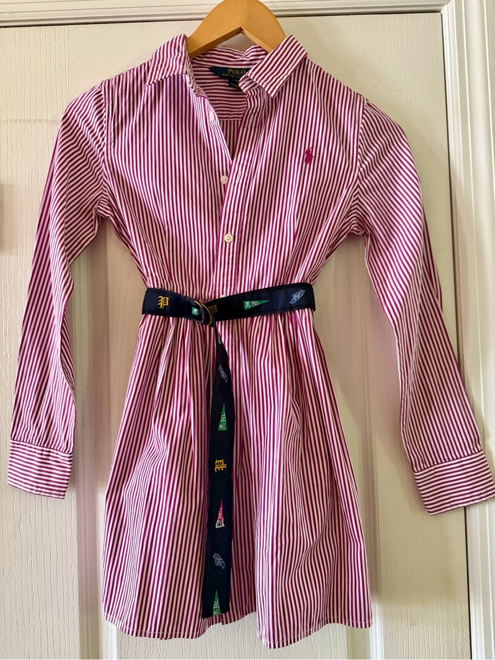 Polo by Ralph Lauren Pink & White Striped Cotton Shirt Dress with Navy Sash
